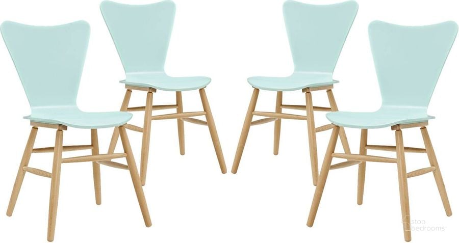 The appearance of Cascade Light Blue Dining Chair Set of 4 EEI-3380-LBU designed by Modway in the modern / contemporary interior design. This light blue piece of furniture  was selected by 1StopBedrooms from Cascade Collection to add a touch of cosiness and style into your home. Sku: EEI-3380-LBU. Material: Wood. Product Type: Dining Chair. Image1