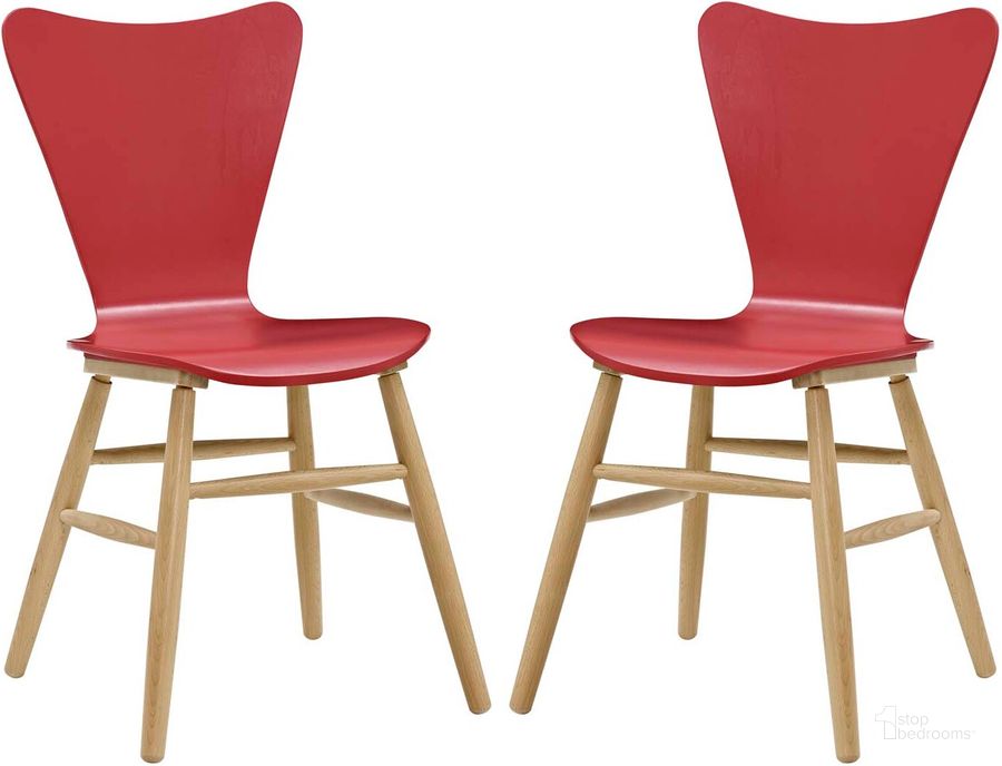 The appearance of Cascade Red Dining Chair Set of 2 designed by Modway in the modern / contemporary interior design. This red piece of furniture  was selected by 1StopBedrooms from Cascade Collection to add a touch of cosiness and style into your home. Sku: EEI-3476-RED. Material: Wood. Product Type: Dining Chair. Image1
