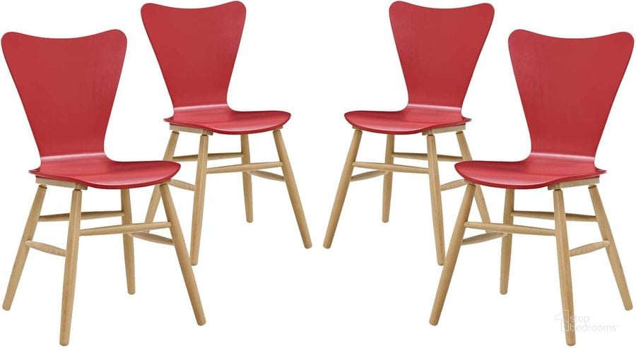 The appearance of Cascade Red Dining Chair Set of 4 EEI-3380-RED designed by Modway in the modern / contemporary interior design. This red piece of furniture  was selected by 1StopBedrooms from Cascade Collection to add a touch of cosiness and style into your home. Sku: EEI-3380-RED. Material: Wood. Product Type: Dining Chair. Image1