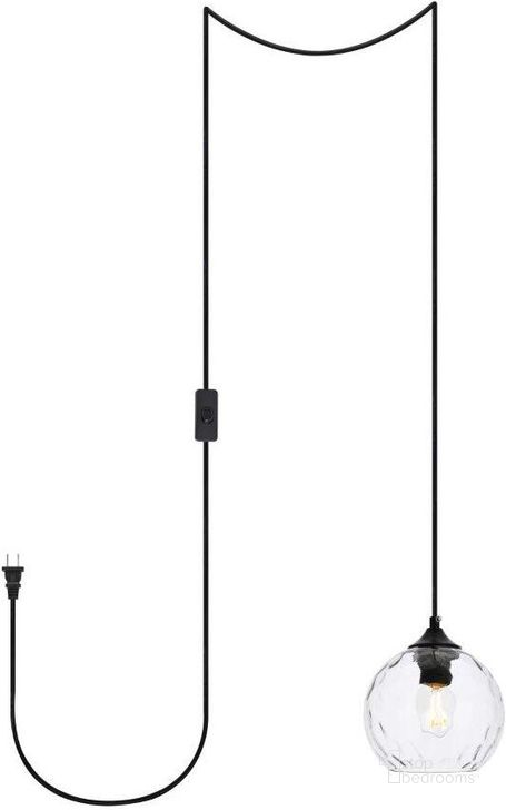 The appearance of Cashel 1 Light Black And Clear Glass Plug-In Pendant LDPG2280 designed by Elegant Lighting in the transitional interior design. This black piece of furniture  was selected by 1StopBedrooms from Cashel Collection to add a touch of cosiness and style into your home. Sku: LDPG2280. Product Type: Pendant Lighting. Material: Iron. Image1