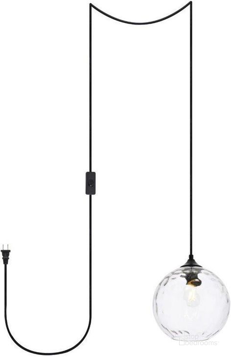 The appearance of Cashel 1 Light Black And Clear Glass Plug-In Pendant LDPG2281 designed by Elegant Lighting in the transitional interior design. This black piece of furniture  was selected by 1StopBedrooms from Cashel Collection to add a touch of cosiness and style into your home. Sku: LDPG2281. Product Type: Pendant Lighting. Material: Iron. Image1