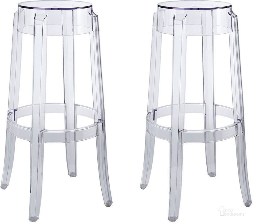 The appearance of Casper Bar Stool Set of 2 In Clear designed by Modway in the  interior design. This clear piece of furniture  was selected by 1StopBedrooms from Casper Collection to add a touch of cosiness and style into your home. Sku: EEI-1264-CLR. Material: Polyester. Product Type: Barstool. Image1