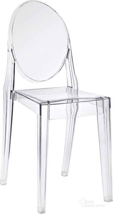 The appearance of Casper Clear Dining Side Chair EEI-122-CLR designed by Modway in the modern / contemporary interior design. This clear piece of furniture  was selected by 1StopBedrooms from Casper Collection to add a touch of cosiness and style into your home. Sku: EEI-122-CLR. Product Type: Side Chair. Material: PVC. Image1