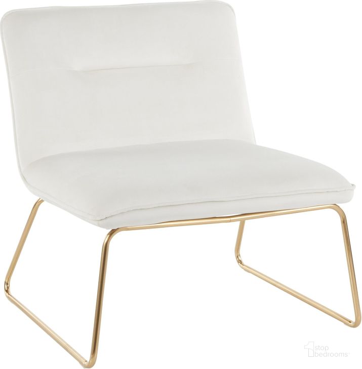 The appearance of Casper Contemporary Accent Chair In Gold Metal And Cream Velvet designed by Lumisource in the modern / contemporary interior design. This gold piece of furniture  was selected by 1StopBedrooms from Casper Collection to add a touch of cosiness and style into your home. Sku: CHR-CASPER AUCR. Product Type: Accent Chair. Material: Velvet. Image1