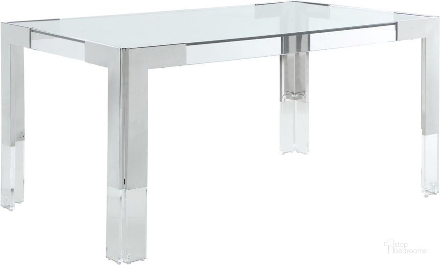 The appearance of Casper Rich Chrome Dining Table designed by Meridian in the modern / contemporary interior design. This chrome piece of furniture  was selected by 1StopBedrooms from Casper Collection to add a touch of cosiness and style into your home. Sku: 717-T-1;717-T-2. Table Base Style: Legs. Material: Glass. Product Type: Dining Table. Table Top Shape: Rectangular. Image1