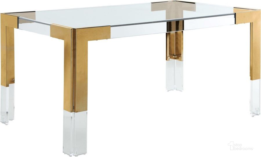 The appearance of Casper Rich Gold Dining Table designed by Meridian in the modern / contemporary interior design. This rich gold piece of furniture  was selected by 1StopBedrooms from Casper Collection to add a touch of cosiness and style into your home. Sku: 715-T-1;715-T-2. Table Base Style: Legs. Material: Glass. Product Type: Dining Table. Table Top Shape: Rectangular. Image1