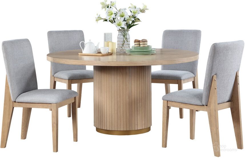 The appearance of Caspian 5 Piece 59 Inch Round Dining Table Set In Oak designed by Lilola Home in the modern / contemporary interior design. This oak piece of furniture  was selected by 1StopBedrooms from Caspian Collection to add a touch of cosiness and style into your home. Sku: 30030-SET. Material: Wood. Product Type: Dining Room Set. Image1