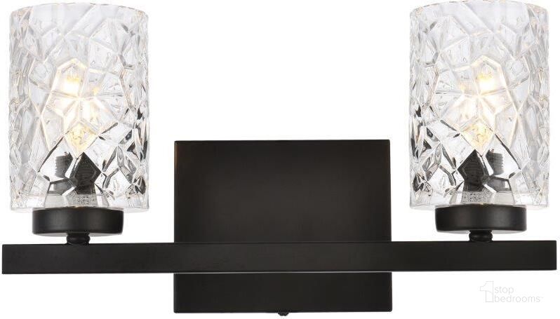 The appearance of Cassie 2 Lights Bath Sconce In Black With Clear Shade designed by Elegant Lighting in the transitional interior design. This black piece of furniture  was selected by 1StopBedrooms from Cassie Collection to add a touch of cosiness and style into your home. Sku: LD7026W14BK. Material: Metal. Product Type: Vanity Light. Image1