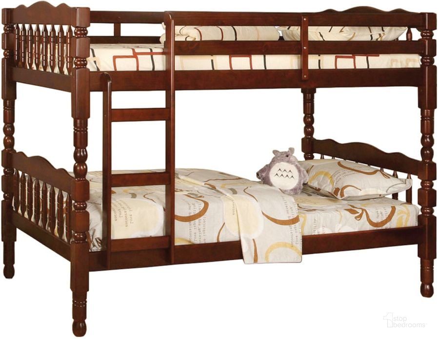 The appearance of Catalina Twin over Twin Bunk Bed (Cherry) designed by Furniture of America in the traditional interior design. This brown piece of furniture  was selected by 1StopBedrooms from Catalina Collection to add a touch of cosiness and style into your home. Sku: CM-BK606CH-1;CM-BK606CH-2. Bed Type: Bunk Bed. Material: Wood. Product Type: Bunk Bed. Bed Size: Twin Over Twin. Image1