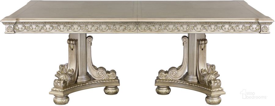 The appearance of Catalonia Platinum Gold Pedestal Extendable Dining Table designed by Homelegance in the traditional interior design. This gold piece of furniture  was selected by 1StopBedrooms from Catalonia Collection to add a touch of cosiness and style into your home. Sku: 1824PG-112;1824PG-112B. Table Base Style: Double Pedestal. Product Type: Dining Table. Table Top Shape: Rectangular. Size: 44". Image1