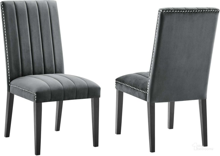 The appearance of Catalyst Performance Velvet Dining Side Chair - Set of 2 In Gray designed by Modway in the modern / contemporary interior design. This gray piece of furniture  was selected by 1StopBedrooms from Catalyst Collection to add a touch of cosiness and style into your home. Sku: EEI-5081-GRY. Material: Polyester. Product Type: Dining Chair. Image1
