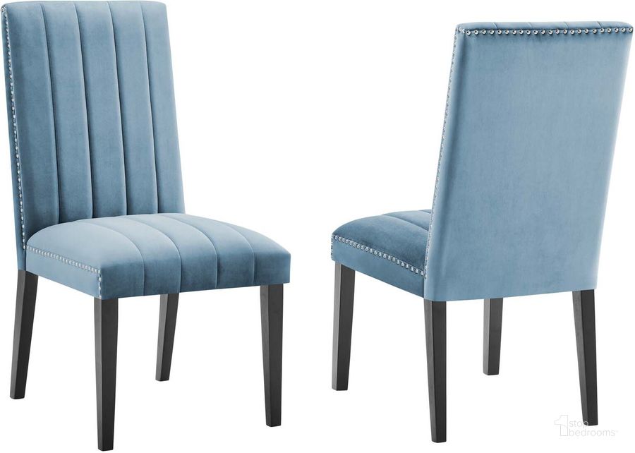 The appearance of Catalyst Performance Velvet Dining Side Chair - Set of 2 In Light Blue designed by Modway in the modern / contemporary interior design. This light blue piece of furniture  was selected by 1StopBedrooms from Catalyst Collection to add a touch of cosiness and style into your home. Sku: EEI-5081-LBU. Material: Polyester. Product Type: Dining Chair. Image1