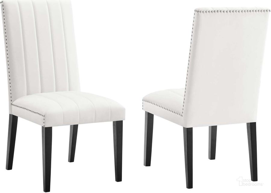 The appearance of Catalyst Performance Velvet Dining Side Chair - Set of 2 In White designed by Modway in the modern / contemporary interior design. This white piece of furniture  was selected by 1StopBedrooms from Catalyst Collection to add a touch of cosiness and style into your home. Sku: EEI-5081-WHI. Material: Polyester. Product Type: Dining Chair. Image1