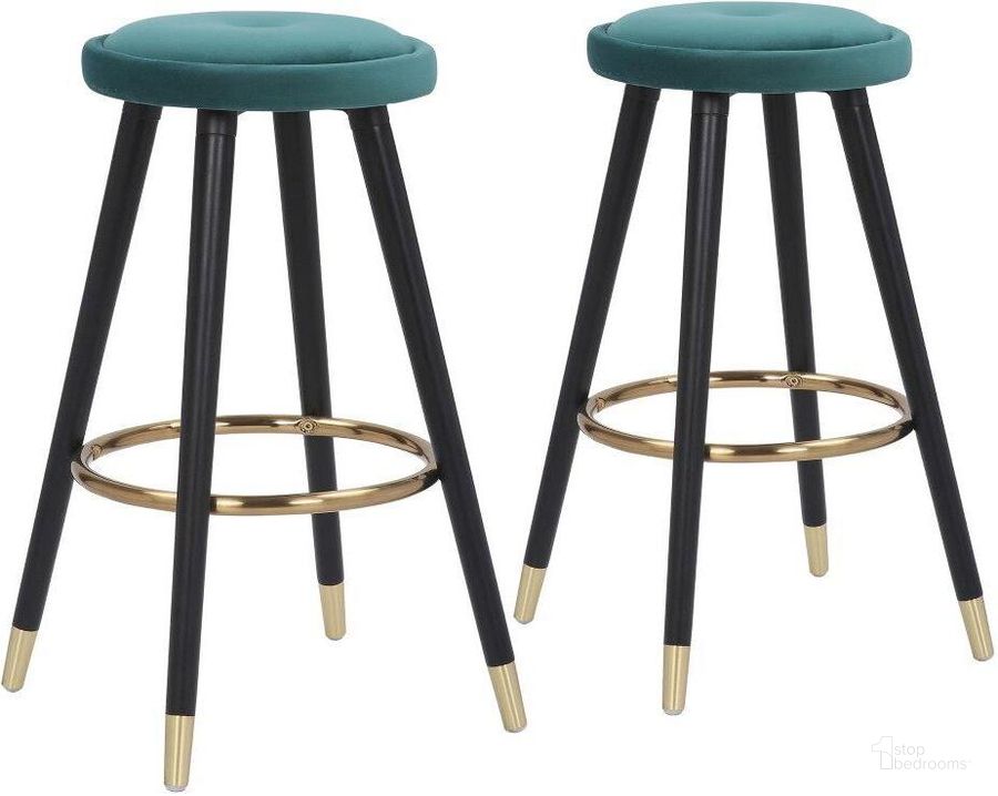 The appearance of Cavalier Glam Counter Stool In Black Wood And Green Velvet With Gold Accent - Set Of 2 designed by Lumisource in the glam interior design. This black piece of furniture  was selected by 1StopBedrooms from Cavalier Collection to add a touch of cosiness and style into your home. Sku: B26-CAVLER BKVGN2. Product Type: Barstool. Material: Velvet. Image1