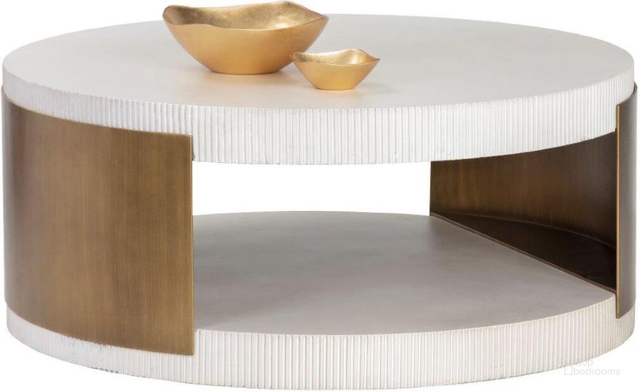 The appearance of Cavette Coffee Table - Grey / Gold designed by Sunpan in the modern / contemporary interior design. This grey piece of furniture  was selected by 1StopBedrooms from Solterra Collection to add a touch of cosiness and style into your home. Sku: 106450. Product Type: Coffee Table. Material: Concrete. Image1