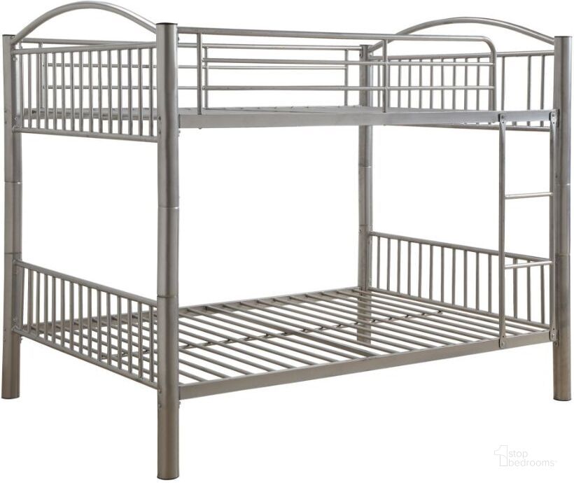 The appearance of Cayelynn Silver Full Over Full Bunk Bed designed by ACME in the modern / contemporary interior design. This silver piece of furniture  was selected by 1StopBedrooms from Cayelynn Collection to add a touch of cosiness and style into your home. Sku: 37390SI. Bed Type: Bunk Bed. Material: Metal. Product Type: Bunk Bed. Bed Size: Full Over Full. Image1