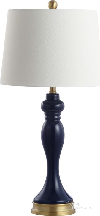 The appearance of Cayson Navy Table Lamp designed by Safavieh in the modern / contemporary interior design. This navy piece of furniture  was selected by 1StopBedrooms from Safavieh TBL Collection to add a touch of cosiness and style into your home. Sku: TBL4203A. Product Type: Table Lamp. Material: Brass. Image1