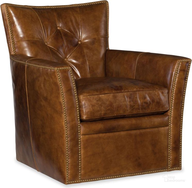 The appearance of Conner Brown Swivel Club Chair designed by Hooker in the traditional interior design. This brown piece of furniture  was selected by 1StopBedrooms from Conner Collection to add a touch of cosiness and style into your home. Sku: CC503-SW-087. Material: Leather. Product Type: Swivel Chair.