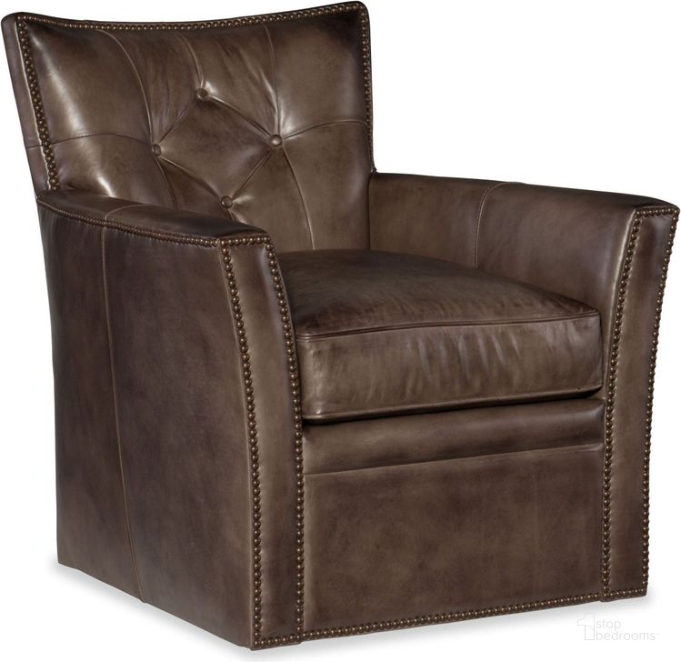 The appearance of Conner Dark Brown Leather Swivel Club Chair designed by Hooker in the traditional interior design. This dark brown piece of furniture  was selected by 1StopBedrooms from Conner Collection to add a touch of cosiness and style into your home. Sku: CC503-SW-095. Material: Leather. Product Type: Swivel Chair.