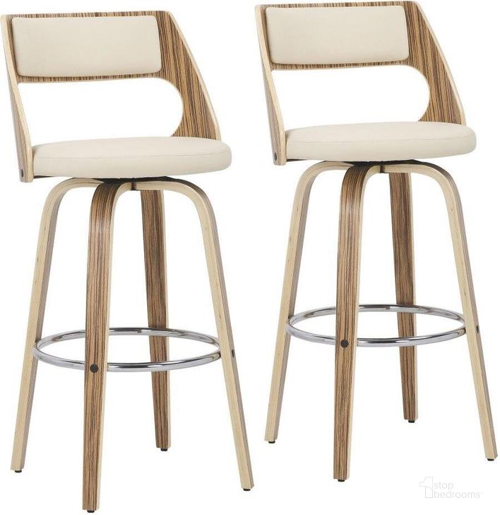 The appearance of Cecina 30 Inch Mid Century Modern Fixed Height Barstool With Swivel In Zebra And Cream Faux Leather Set Of 2 designed by Lumisource in the transitional interior design. This cream piece of furniture  was selected by 1StopBedrooms from Cecina Collection to add a touch of cosiness and style into your home. Sku: B30-CECINA2-SWVR ZBCR2. Material: Wood. Product Type: Barstool. Image1
