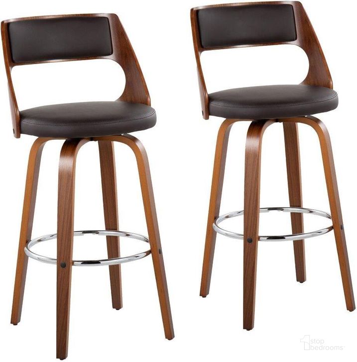 The appearance of Cecina Mid Century Modern Barstool With Swivel In Walnut And Brown Faux Leather Set Of 2 designed by Lumisource in the transitional interior design. This brown piece of furniture  was selected by 1StopBedrooms from Cecina Collection to add a touch of cosiness and style into your home. Sku: B30-CECINA2-SWVR WLBN2. Material: Wood. Product Type: Barstool. Image1
