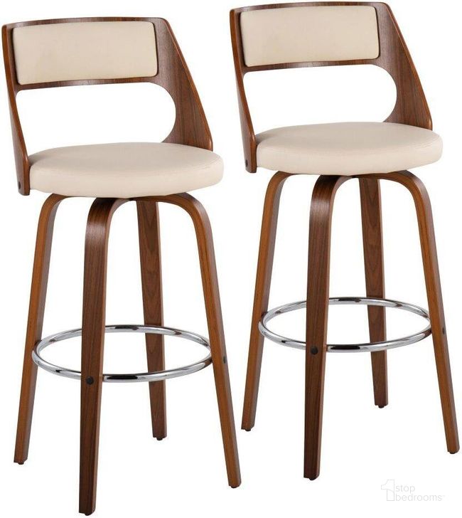 The appearance of Cecina Mid Century Modern Barstool With Swivel In Walnut And Cream Faux Leather Set Of 2 designed by Lumisource in the transitional interior design. This cream and beige piece of furniture  was selected by 1StopBedrooms from Cecina Collection to add a touch of cosiness and style into your home. Sku: B30-CECINA2-SWVR WLCR2. Material: Wood. Product Type: Barstool. Image1
