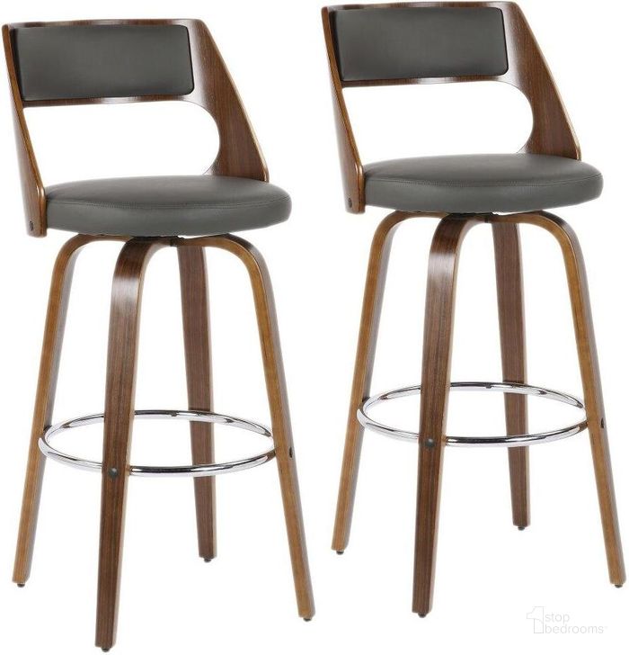 The appearance of Cecina Mid Century Modern Barstool With Swivel In Walnut And Grey Faux Leather Set Of 2 designed by Lumisource in the transitional interior design. This grey piece of furniture  was selected by 1StopBedrooms from Cecina Collection to add a touch of cosiness and style into your home. Sku: B30-CECINA2-SWVR WLLGY2. Material: Wood. Product Type: Barstool. Image1
