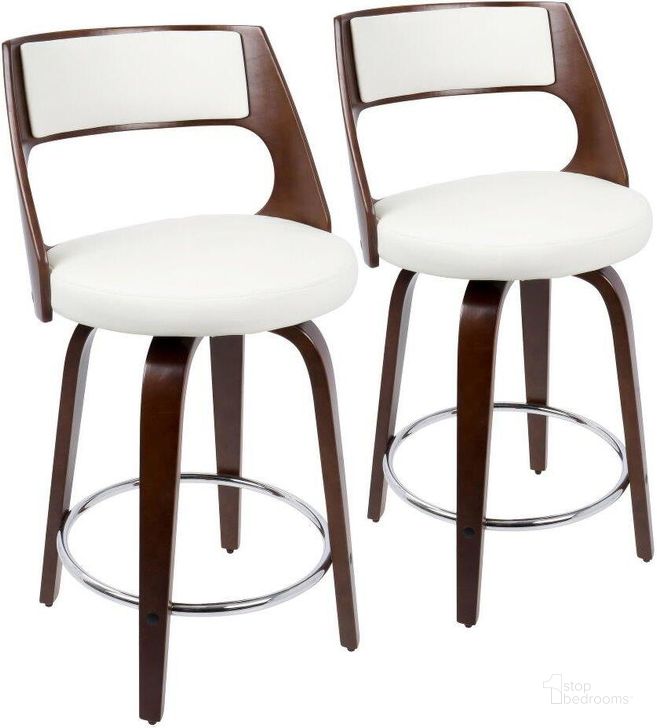 The appearance of Cecina Mid-Century Modern Counter Stool With Swivel In Cherry And White Faux Leather - Set Of 2 designed by Lumisource in the transitional interior design. This cherry piece of furniture  was selected by 1StopBedrooms from Cecina Collection to add a touch of cosiness and style into your home. Sku: B24-CECINA2-SWVR CHW2. Product Type: Barstool. Material: PU. Image1