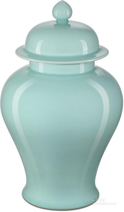 The appearance of Celadon Medium Green Temple Jar designed by Currey & Company in the modern / contemporary interior design. This green piece of furniture  was selected by 1StopBedrooms from Celadon Collection to add a touch of cosiness and style into your home. Sku: 1200-0673. Material: Porcelain. Product Type: Jar. Image1