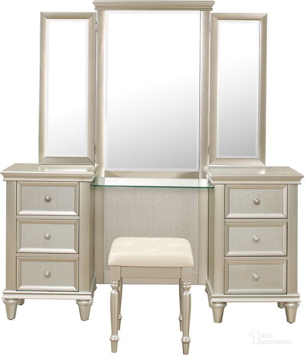 The appearance of Celandine Silver Vanity Set designed by Homelegance in the modern / contemporary interior design. This gold piece of furniture  was selected by 1StopBedrooms from Celandine Collection to add a touch of cosiness and style into your home. Sku: 1928-15L;1928-15R;1928-15M. Product Type: Bedroom Vanity. Image1