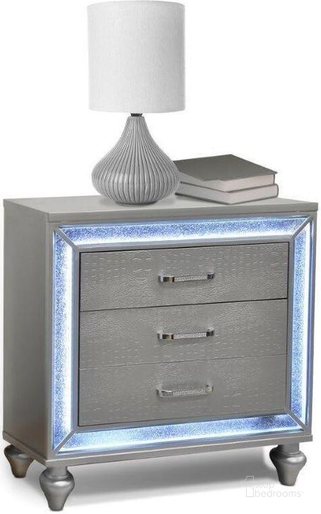 The appearance of Celeste Nightstand With Led Lights and Croc Embossed Drawers In Silver designed by US Tamex in the glam interior design. This silver piece of furniture  was selected by 1StopBedrooms from Celeste Collection to add a touch of cosiness and style into your home. Sku: 52629-NS. Material: Wood. Product Type: Nightstand. Image1