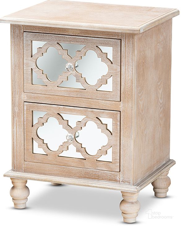 The appearance of Celia Transitional Rustic French Country White-Washed Wood And Mirror 2-Drawer Quatrefoil Nightstand designed by Baxton Studio in the transitional interior design. This natural piece of furniture  was selected by 1StopBedrooms from Celia Collection to add a touch of cosiness and style into your home. Sku: JY17A039-Natural Brown/Silver-NS. Product Type: Nightstand. Material: MDF. Image1