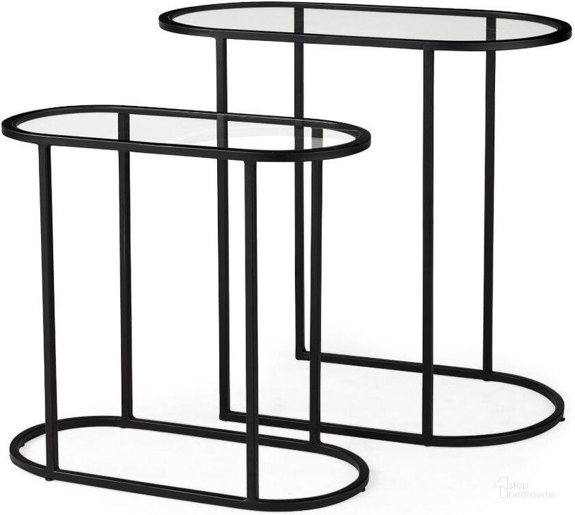 The appearance of Celine Black And Silver Metal And Glass Nesting Accent Tables Set of 2 designed by Mercana in the modern / contemporary interior design. This black piece of furniture  was selected by 1StopBedrooms from Celine Collection to add a touch of cosiness and style into your home. Sku: 69492. Material: Metal. Product Type: Nesting Table. Image1