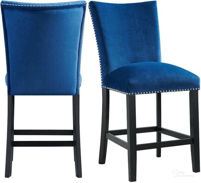 The appearance of Celine Blue Velvet Counter Height Chair Set Of 2 designed by Picket House in the transitional interior design. This blue piece of furniture  was selected by 1StopBedrooms from Celine Collection to add a touch of cosiness and style into your home. Sku: CFC700CVSC. Product Type: Dining Chair. Material: Rubberwood. Image1