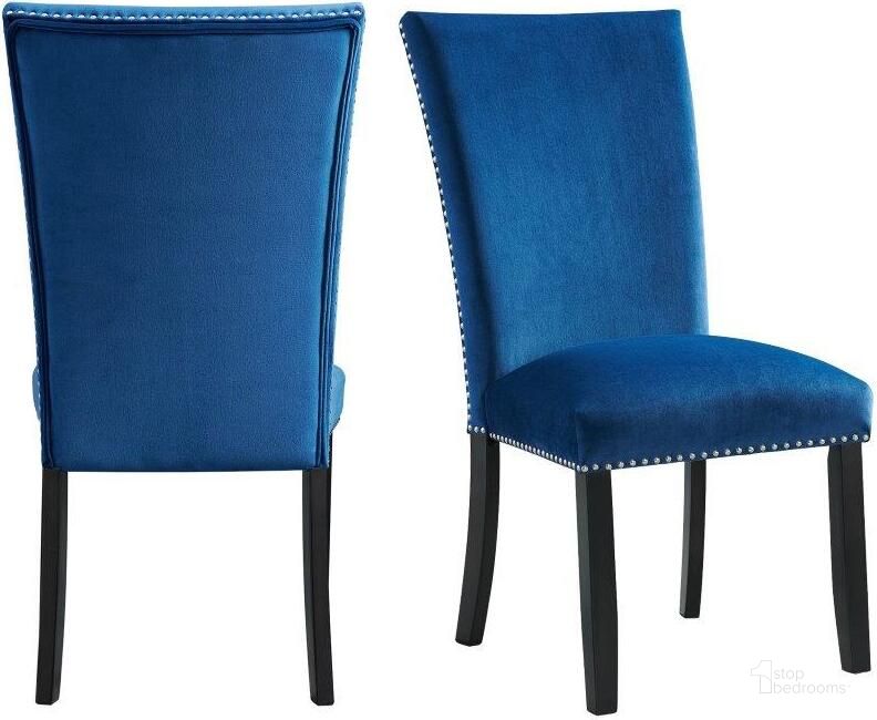 The appearance of Celine Blue Velvet Side Chair Set Of 2 designed by Picket House in the transitional interior design. This blue piece of furniture  was selected by 1StopBedrooms from Celine Collection to add a touch of cosiness and style into your home. Sku: CFC700VSC. Product Type: Side Chair. Material: Rubberwood. Image1