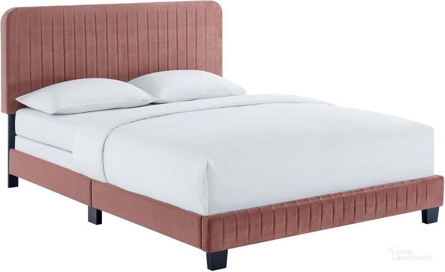 The appearance of Celine Channel Tufted Performance Velvet King Bed MOD-6329-DUS designed by Modway in the modern / contemporary interior design. This dusty rose piece of furniture  was selected by 1StopBedrooms from Celine Collection to add a touch of cosiness and style into your home. Sku: MOD-6329-DUS. Bed Type: Panel Bed. Product Type: Panel Bed. Bed Size: King. Material: MDF. Image1
