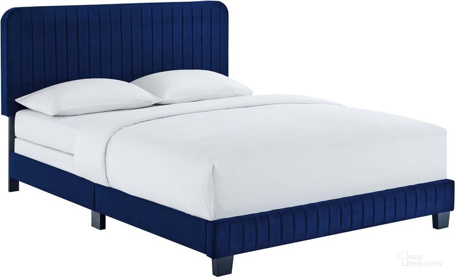 The appearance of Celine Channel Tufted Performance Velvet King Bed MOD-6329-NAV designed by Modway in the modern / contemporary interior design. This navy piece of furniture  was selected by 1StopBedrooms from Celine Collection to add a touch of cosiness and style into your home. Sku: MOD-6329-NAV. Bed Type: Panel Bed. Product Type: Panel Bed. Bed Size: King. Material: MDF. Image1