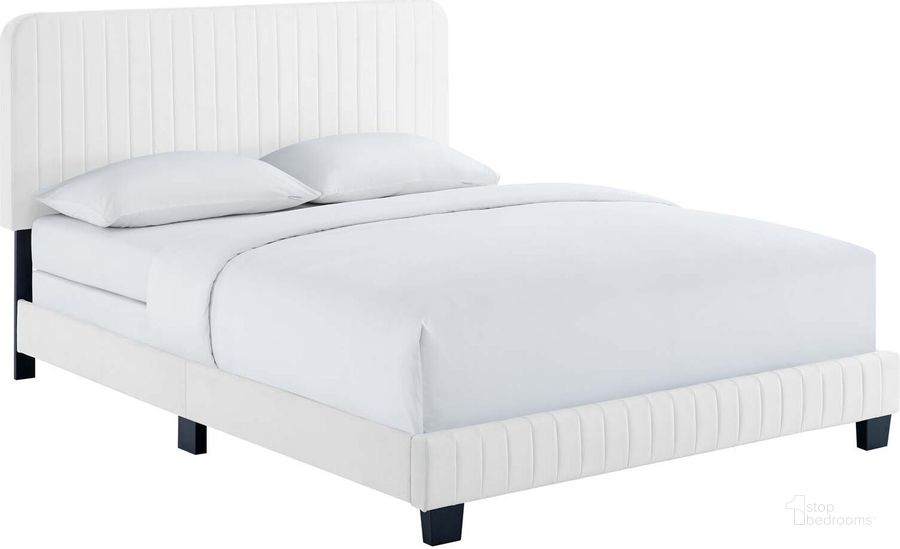 The appearance of Celine Channel Tufted Performance Velvet King Bed MOD-6329-WHI designed by Modway in the modern / contemporary interior design. This white piece of furniture  was selected by 1StopBedrooms from Celine Collection to add a touch of cosiness and style into your home. Sku: MOD-6329-WHI. Bed Type: Panel Bed. Product Type: Panel Bed. Bed Size: King. Material: MDF. Image1