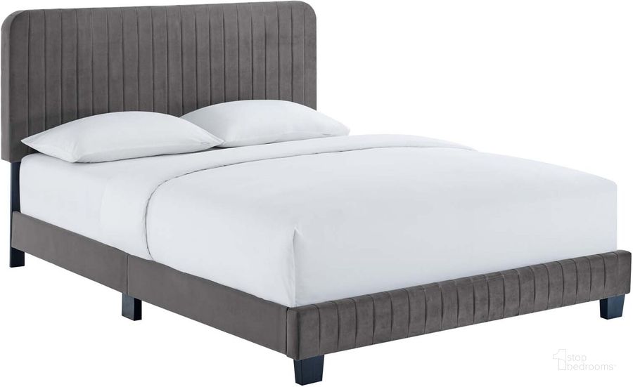 The appearance of Celine Channel Tufted Performance Velvet King Platform Bed MOD-6333-GRY designed by Modway in the modern / contemporary interior design. This gray piece of furniture  was selected by 1StopBedrooms from Celine Collection to add a touch of cosiness and style into your home. Sku: MOD-6333-GRY. Bed Type: Platform Bed. Product Type: Platform Bed. Bed Size: King. Material: MDF. Image1