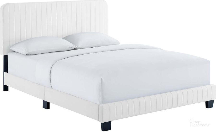 The appearance of Celine Channel Tufted Performance Velvet King Platform Bed MOD-6333-WHI designed by Modway in the modern / contemporary interior design. This white piece of furniture  was selected by 1StopBedrooms from Celine Collection to add a touch of cosiness and style into your home. Sku: MOD-6333-WHI. Bed Type: Platform Bed. Product Type: Platform Bed. Bed Size: King. Material: MDF. Image1