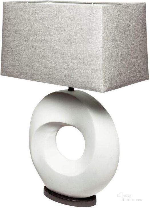 The appearance of Celtica 26.8 Inch White Resin Ring-Shaped Base Table Lamp designed by Mercana in the modern / contemporary interior design. This white piece of furniture  was selected by 1StopBedrooms from  to add a touch of cosiness and style into your home. Sku: 68337. Material: Resin. Product Type: Table Lamp. Image1
