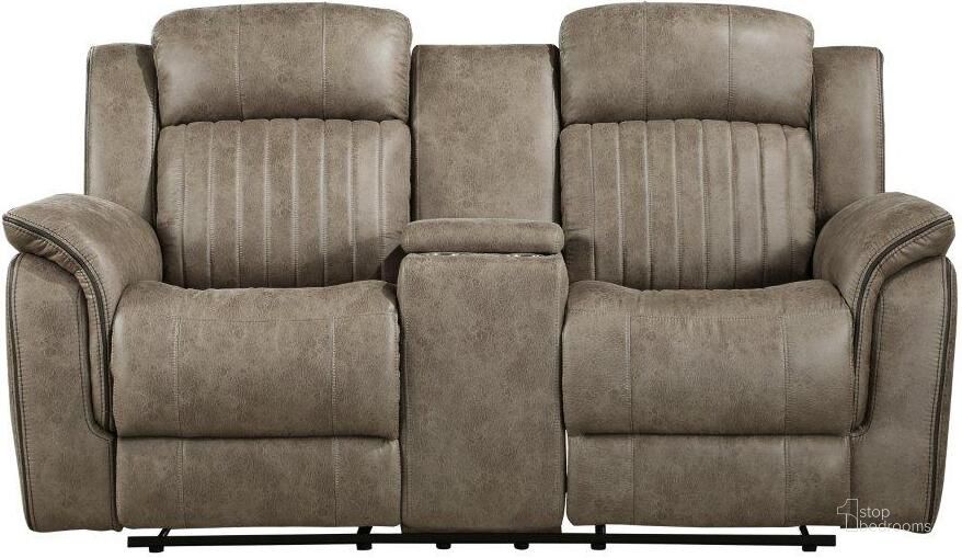 The appearance of Centeroak Sandy Brown Double Reclining Loveseat With Center Console designed by Homelegance in the modern / contemporary interior design. This brown piece of furniture  was selected by 1StopBedrooms from Centeroak Collection to add a touch of cosiness and style into your home. Sku: 9479SDB-2. Material: Microfiber. Product Type: Reclining Loveseat. Image1