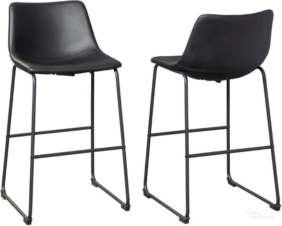 The appearance of Centiar Black Pub Height Bar Stool Set of 2 designed by Signature Design by Ashley in the industrial interior design. This black piece of furniture  was selected by 1StopBedrooms from Centiar Collection to add a touch of cosiness and style into your home. Sku: D372-630. Material: Metal. Product Type: Barstool. Image1