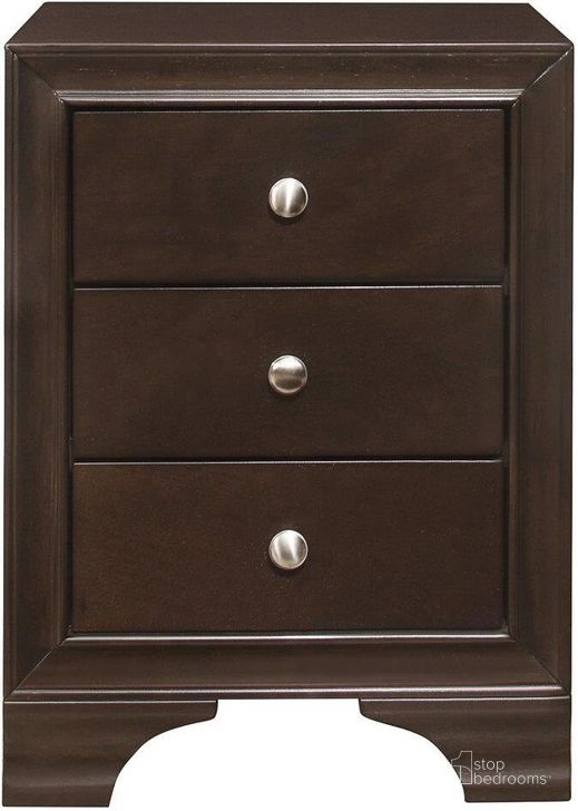 The appearance of Centralia Brown 3 Drawer Nightstand designed by Homelegance in the transitional interior design. This brown piece of furniture  was selected by 1StopBedrooms from Centralia Collection to add a touch of cosiness and style into your home. Sku: 4598BCU. Material: Wood. Product Type: Nightstand. Image1