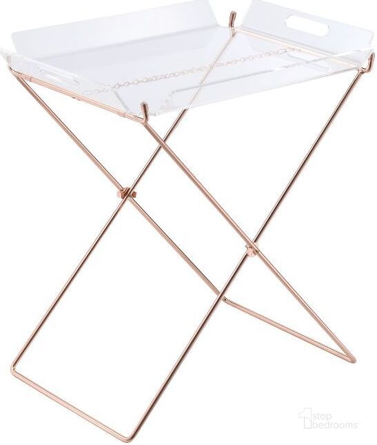 The appearance of Cercie Clear Acrylic and Copper Tray Table designed by ACME in the modern / contemporary interior design. This brown piece of furniture  was selected by 1StopBedrooms from Cercie Collection to add a touch of cosiness and style into your home. Sku: 98189. Table Top Shape: Rectangular. Material: Acrylic. Product Type: Tray Table. Image1