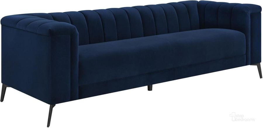 The appearance of Chalet Blue Sofa designed by Coaster in the transitional interior design. This blue piece of furniture  was selected by 1StopBedrooms from Chalet Collection to add a touch of cosiness and style into your home. Sku: 509211. Material: Wood. Product Type: Sofa. Image1