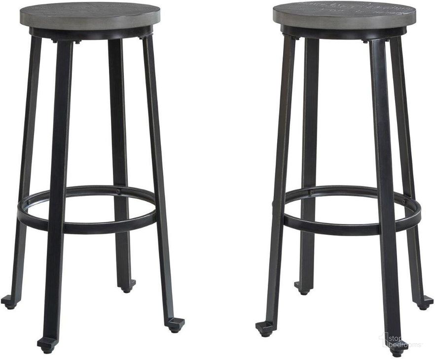 The appearance of Challiman Antique Gray And Black Pewter Tone Bar Stool Set Of 2 designed by Signature Design by Ashley in the transitional interior design. This antique gray piece of furniture  was selected by 1StopBedrooms from Challiman Collection to add a touch of cosiness and style into your home. Sku: D307-330. Material: Metal. Product Type: Barstool. Image1