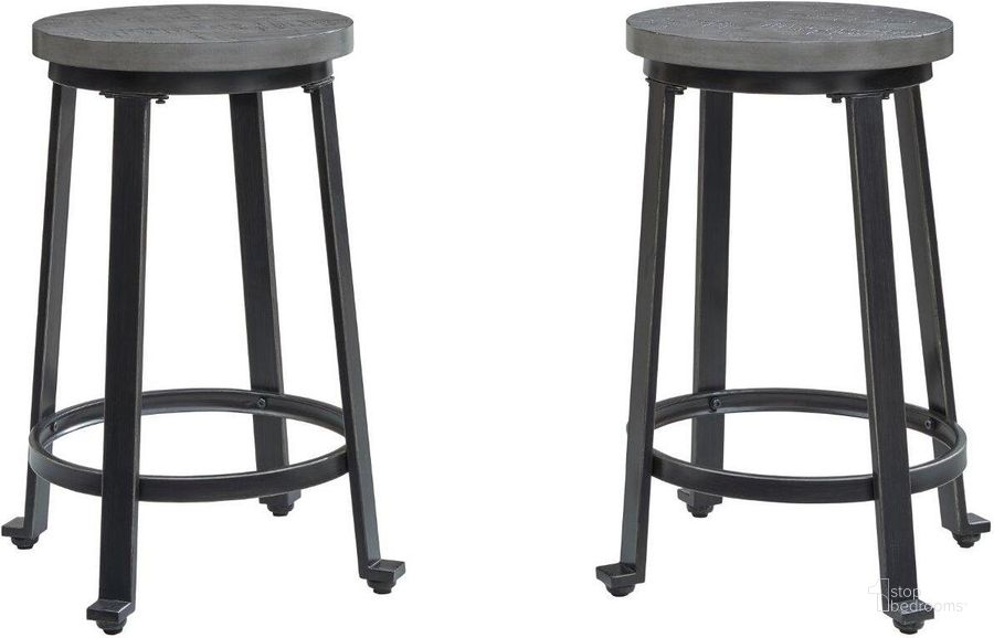 The appearance of Challiman Antique Gray And Black Pewter Tone Counter Height Stool Set Of 2 designed by Signature Design by Ashley in the transitional interior design. This antique gray piece of furniture  was selected by 1StopBedrooms from Challiman Collection to add a touch of cosiness and style into your home. Sku: D307-324. Material: Wood. Product Type: Barstool. Image1