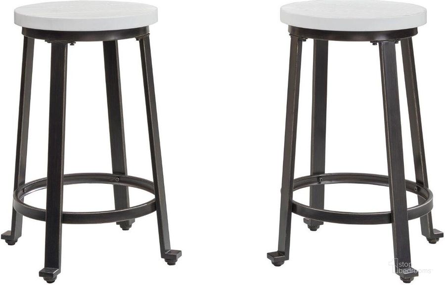 The appearance of Challiman Vintage White And Black Pewter Tone Counter Height Stool Set Of 2 designed by Signature Design by Ashley in the transitional interior design. This vintage white piece of furniture  was selected by 1StopBedrooms from Challiman Collection to add a touch of cosiness and style into your home. Sku: D307-224. Material: Metal. Product Type: Barstool. Image1