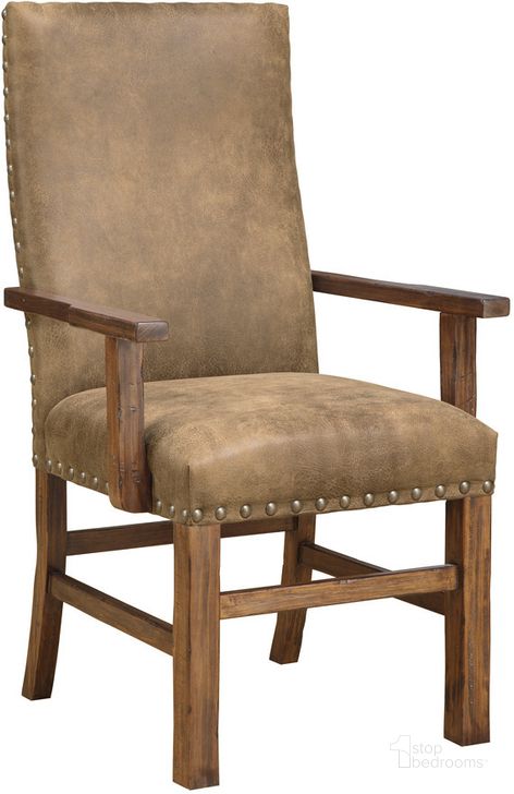The appearance of Chambers Creek Upholstered Dining Arm Chair In Rustic Pine designed by Emerald Home Furnishings in the rustic / southwestern interior design. This rustic pine piece of furniture  was selected by 1StopBedrooms from Chambers Creek Collection to add a touch of cosiness and style into your home. Sku: D412-21-05. Product Type: Dining Chair. Material: Pine. Image1
